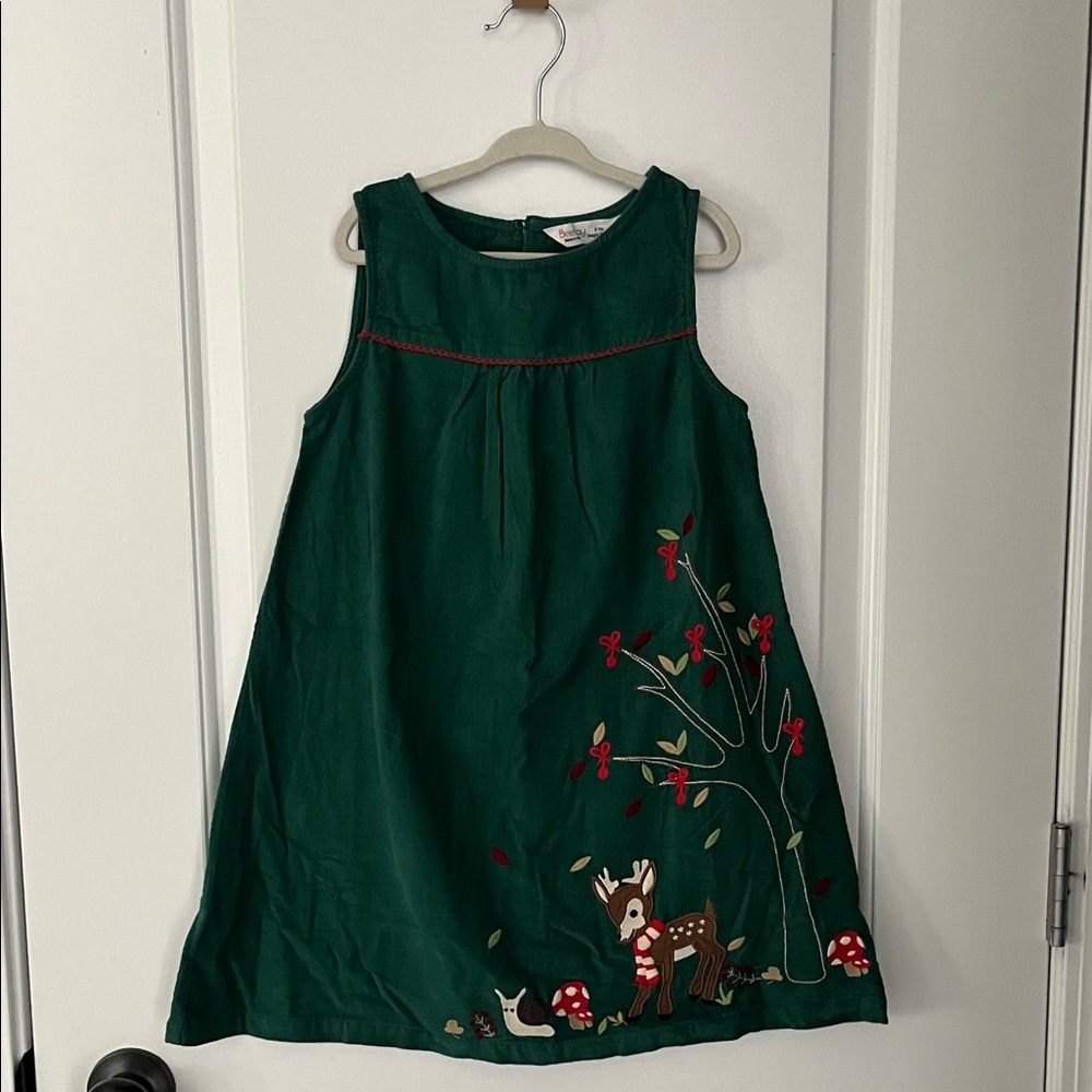 BEEBAY green corduroy embroidered woodland creatures dress